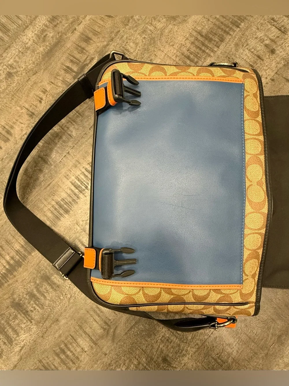 Coach Black Leather & Brown Signature Canvas Messenger Bag with Orange Accents